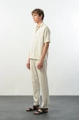 Bohem Çizgili Örme Kumaş Erkek Pantolon - Ekru - 3