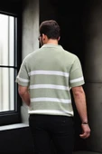 Yarım Fermuar Çizgili Oversize Triko T-Shirt - Yeşil - 4