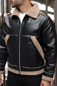 Vintage Kürk Detaylı Erkek Deri Ceket/Mont - Siyah thumbnail 3