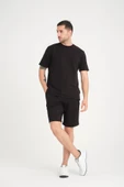 İki İplik Pamuklu Duble Kol Yırtmaçlı T-Shirt Şort Takım - Siyah - 1