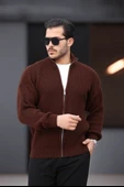 Oversize Selanik Örme Fermuarlı Erkek Hırka- Kahve - 4