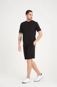 İki İplik Pamuklu Duble Kol Yırtmaçlı T-Shirt Şort Takım - Siyah - 4