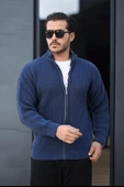 Oversize Selanik Örme Fermuarlı Erkek Hırka- İndigo - 4