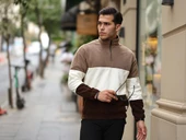 Parça Desen Yarım Fermuar Polar Sweatshirt - Bej/Ekru/Kahve thumbnail 4