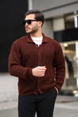 Oversize Selanik Örgü Düğmeli Erkek Hırka- KoyuKahve - 1