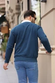 Polo Yaka Selanik Örme Kumaş Erkek Sweatshirt - İndigo - 7