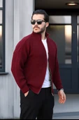 Oversize Selanik Örme Fermuarlı Erkek Hırka- Bordo - 1