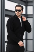 Oversize Selanik Örme Fermuarlı Erkek Hırka- Siyah - 4