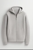 Fermuarlı Merdiven Örgü Kapüşonlu Triko Hırka/Ceket - Açıkgri thumbnail 1