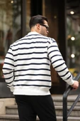 Oversize Çizgili Düğmeli Erkek Hırka - Lacivert - 5
