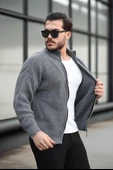 Oversize Selanik Örme Fermuarlı Erkek Hırka- Füme - 5