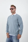 Polo Yaka Selanik Örme Kumaş Erkek Sweatshirt - Soğuk Mavi - 6