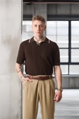 Yakası Şeritli Viskon Polo Yaka Triko Erkek T-Shirt - Kahve - 2