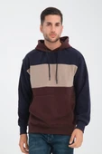 Oversize Kapüşonlu 3 Renk Blok Selanik Örme Erkek Sweatshirt - Kahve thumbnail 1