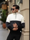 Parça Desen Yarım Fermuar Polar Sweatshirt - Ekru/Füme/Siyah - 1