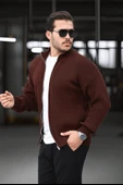 Oversize Selanik Örme Fermuarlı Erkek Hırka- Kahve - 1