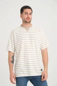Zarf Yaka Detaylı Çizgili Oversize T-Shirt - Kum Beji - 1