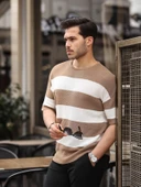 Oversize Çizgili Basic Triko T-Shirt - Bej - 2