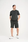 İki İplik Pamuklu Duble Kol Yırtmaçlı T-Shirt Şort Takım - Çam Yeşili - 5