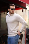 Selanik Örme Kumaş Yarım Fermuar Erkek Sweatshirt - Taş - 1