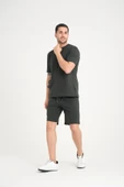 İki İplik Pamuklu Duble Kol Yırtmaçlı T-Shirt Şort Takım - Çam Yeşili - 1