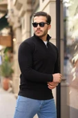 Selanik Örme Kumaş Yarım Fermuar Erkek Sweatshirt - Siyah - 3