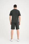 İki İplik Pamuklu Duble Kol Yırtmaçlı T-Shirt Şort Takım - Çam Yeşili - 9