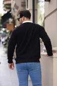 Polo Yaka Selanik Örme Kumaş Erkek Sweatshirt - Siyah - 6