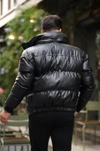 Oversize Kapüşonu Çıkarılabilir Şişme Deri Mont - Siyah - 6
