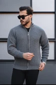 Oversize Selanik Örme Fermuarlı Erkek Hırka- Füme - 3