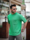 Cep Detaylı Oversize Örme T-shirt - Yeşil - 1