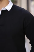 Polo Yaka Selanik Örme Kumaş Erkek Sweatshirt - Siyah - 7