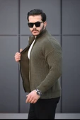 Oversize Selanik Örme Fermuarlı Erkek Hırka- Haki - 3