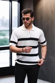 Yarım Fermuar Çizgili Oversize Triko T-Shirt - Beyaz - 1