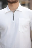 Yarım Fermuar Tek Cepli Erkek T-Shirt - Beyaz - 2
