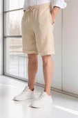 Hafif ve Rahat Duble Paça Müslin Erkek Şort - Açık Bej thumbnail 8