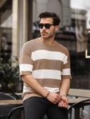 Oversize Çizgili Basic Triko T-Shirt - Bej - 1