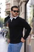 Polo Yaka Selanik Örme Kumaş Erkek Sweatshirt - Siyah - 1