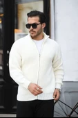 Oversize Selanik Örme Fermuarlı Erkek Hırka- Ekru - 4