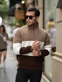 Parça Desen Yarım Fermuar Polar Sweatshirt - Bej/Ekru/Kahve thumbnail 1