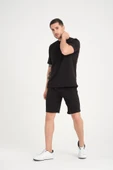İki İplik Pamuklu Duble Kol Yırtmaçlı T-Shirt Şort Takım - Siyah - 8