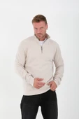 Selanik Örme Kumaş Yarım Fermuar Erkek Sweatshirt - Taş - 5