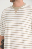 Zarf Yaka Detaylı Çizgili Oversize T-Shirt - Kum Beji - 2