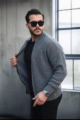 Oversize Selanik Örme Fermuarlı Erkek Hırka- Füme - 1