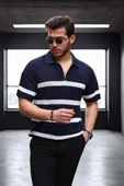 Yarım Fermuar Çizgili Oversize Triko T-Shirt - Lacivert - 2