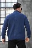 Oversize Selanik Örme Fermuarlı Erkek Hırka- İndigo - 5
