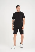 İki İplik Pamuklu Duble Kol Yırtmaçlı T-Shirt Şort Takım - Siyah - 5