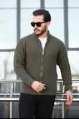 Oversize Selanik Örme Fermuarlı Erkek Hırka- Haki - 4