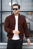 Oversize Selanik Örme Fermuarlı Erkek Hırka- Kahve - 3