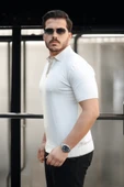 Premium Şerit Detaylı Viskon Polo Yaka Triko Erkek T-Shirt - Ekru thumbnail 4